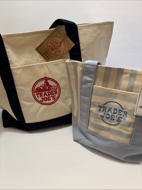 Set of 2 Trader Joe’s Navy Large and Blue Striped Mini Canvas Bags
